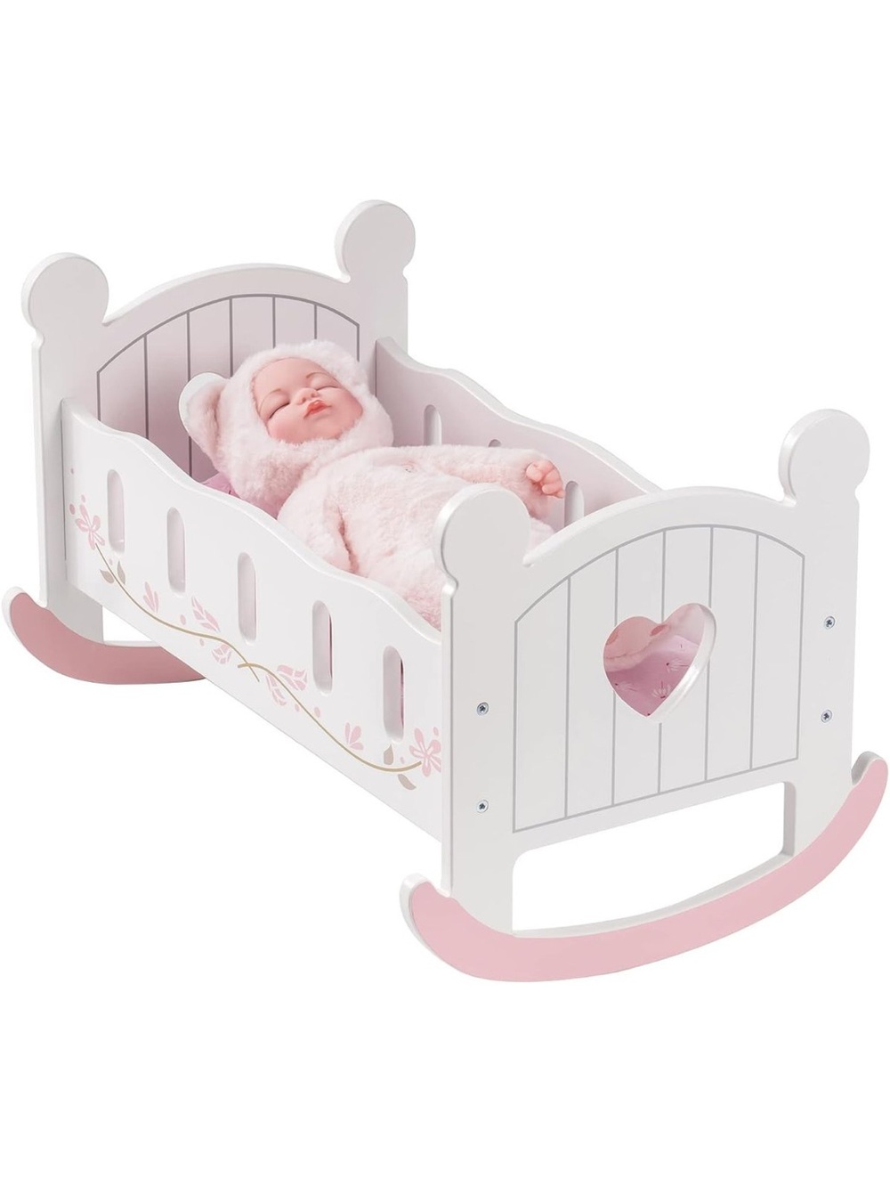 Wooden Baby Doll Cradle Rocking Crib Pink White 20” Doll Bed